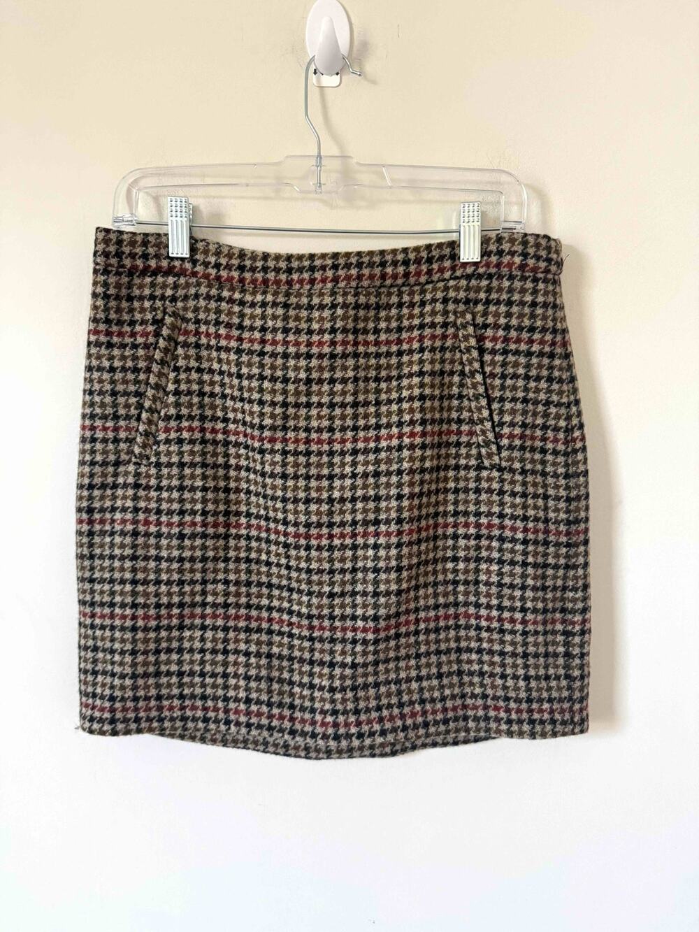 J. Crew Wool Houndstooth Plaid Tweed Mini Skirt Tank Brown Rust Size 6